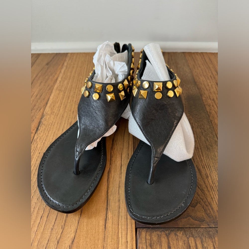 Tory Burch Lamb Leather Gold Stud Accent Thong Sandals  Zip Back 8
